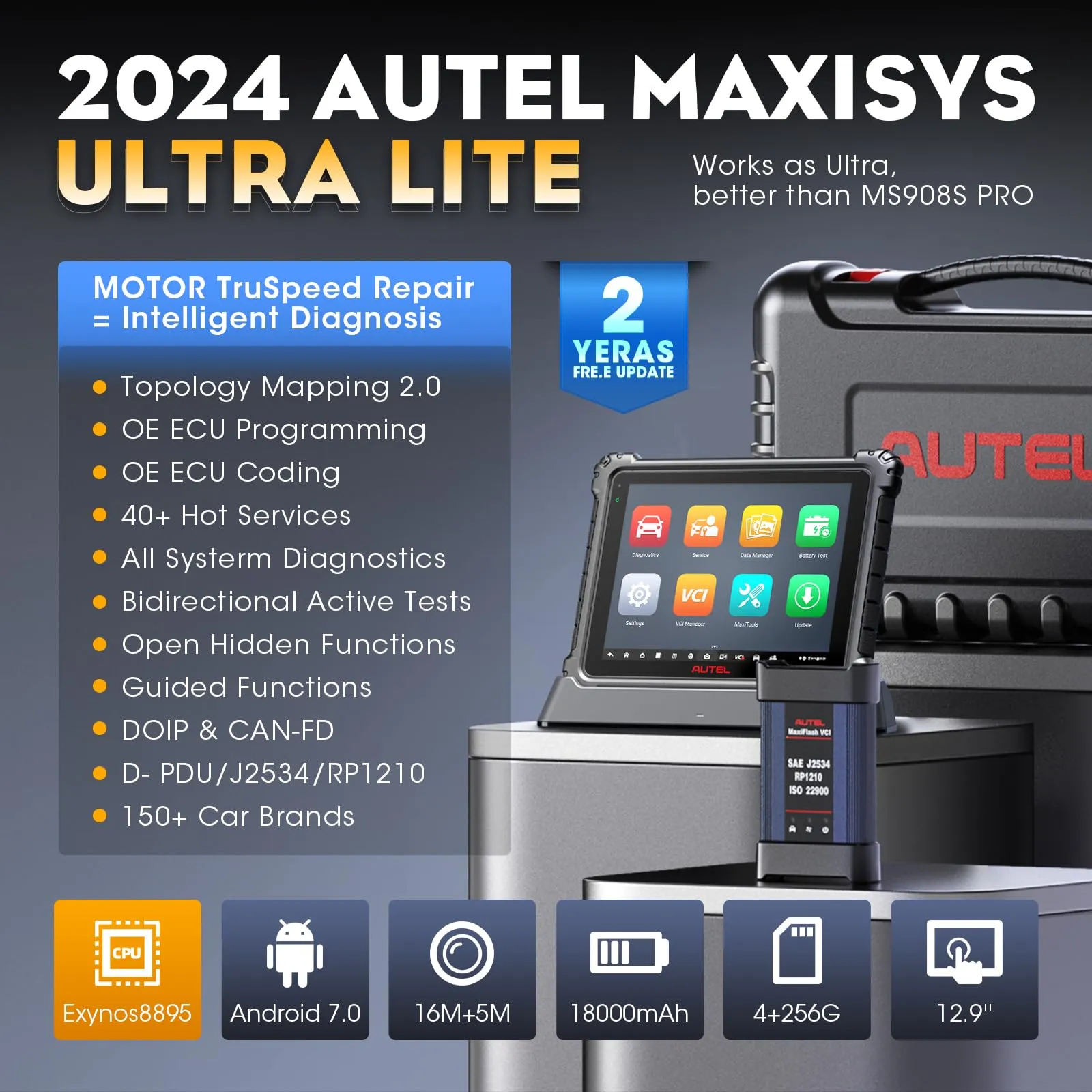 Autel MaxiCom Ultra Lite Scanner: 2 Years Free Update, 2024 New Upgrade of MS919/Elite II Pro/MS909, Same as MaxiSys Ultra, Motor TruSpeed Repair, Topology Mapping, Programming & Coding, 40  Services