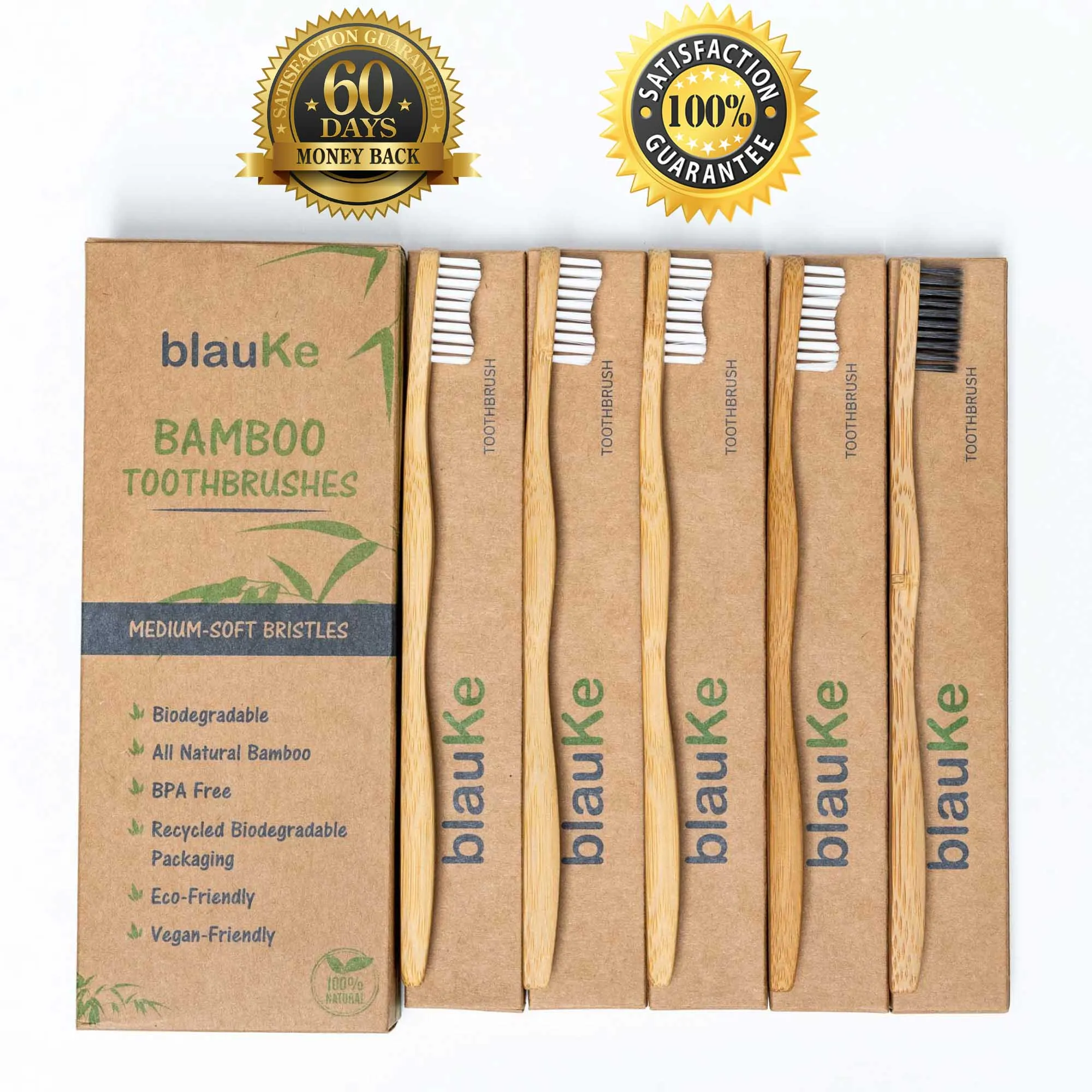 Bamboo Toothbrush Set 5-Pack - Bamboo Toothbrushes Medium Bristles