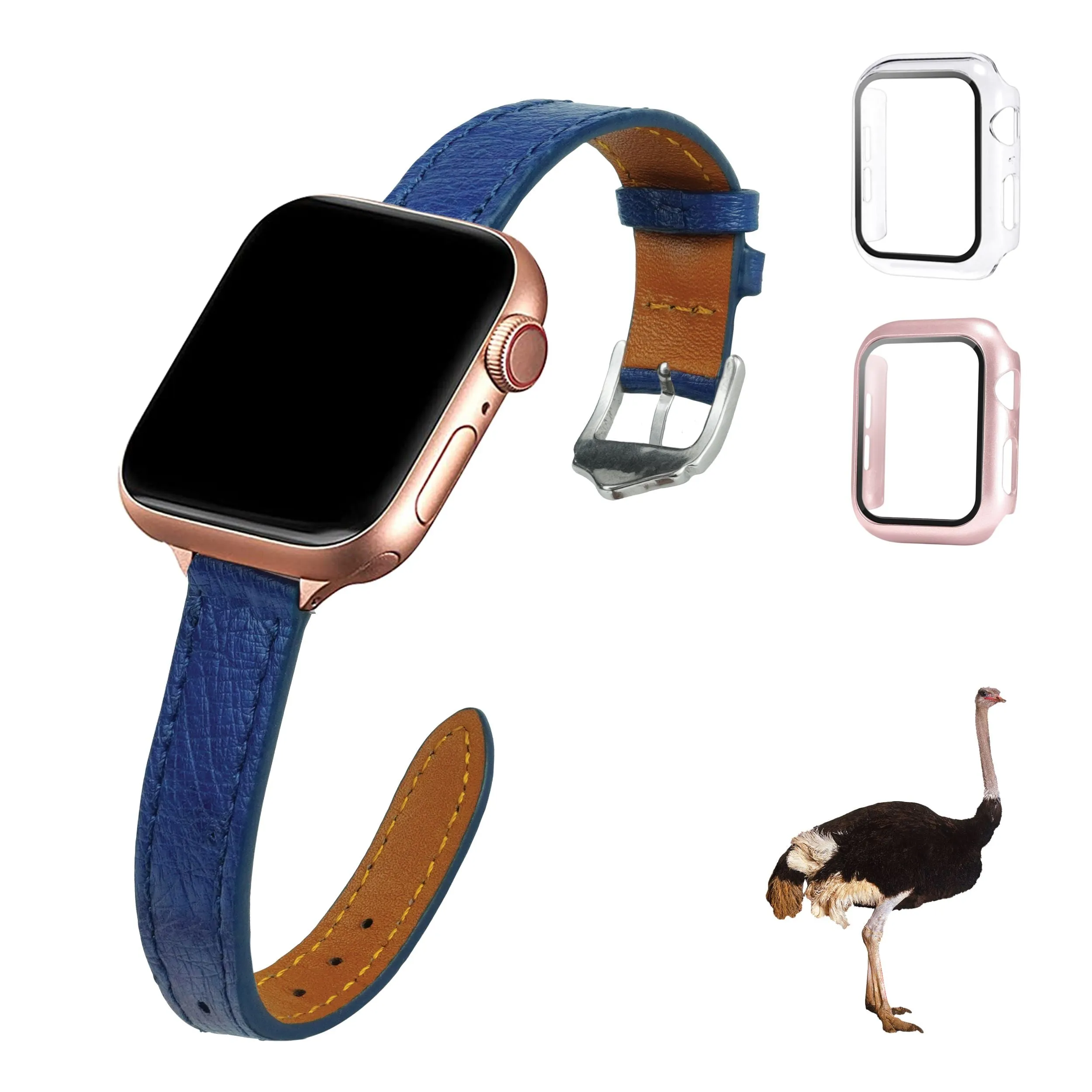 Blue Flat Ostrich Leather Band Compatible Apple Watch Iwatch 45mm Screen Protector Case Black Adapter Replacement Strap For Smartwatch Series 7 8 Leather Handmade AW-184S-W-45MM