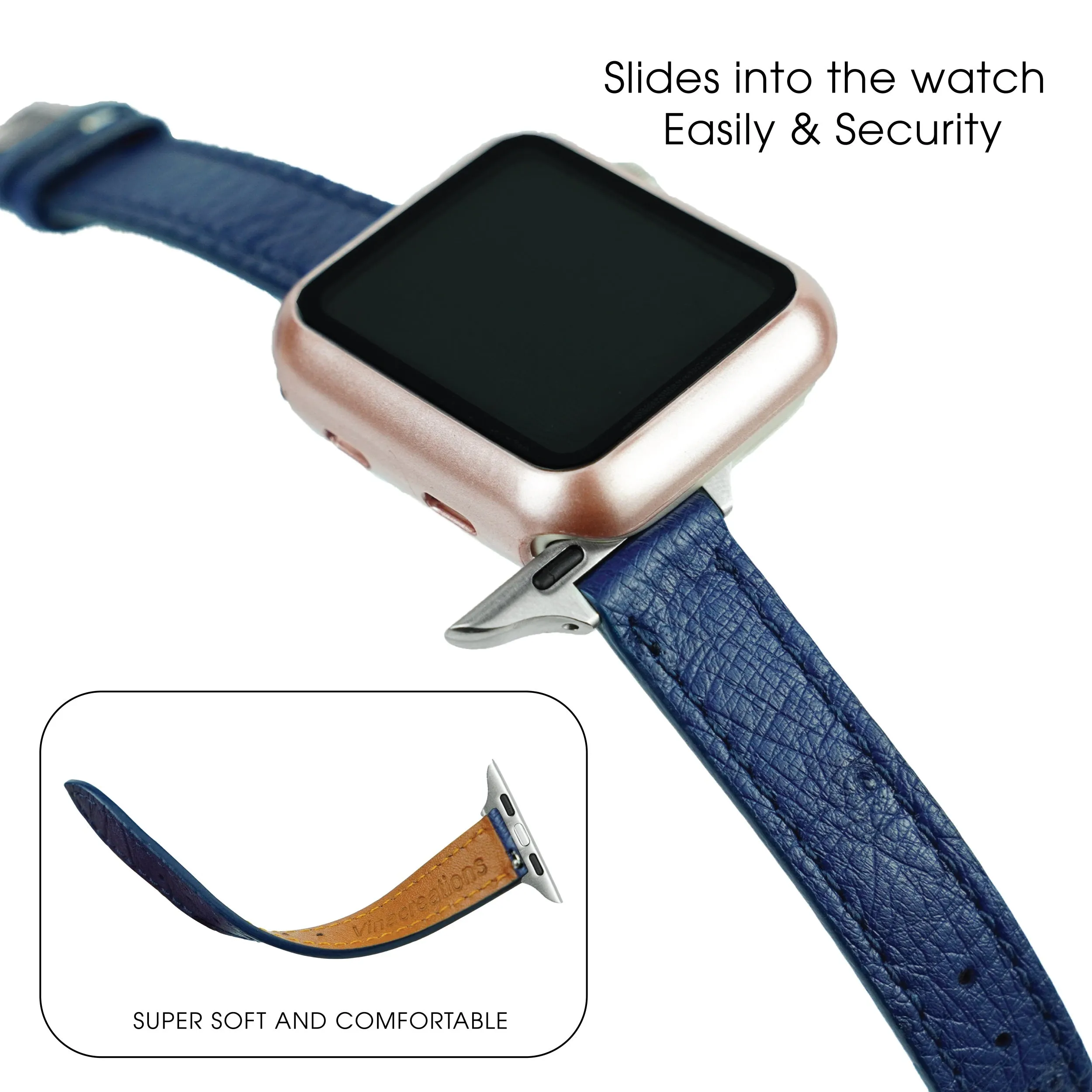 Blue Flat Ostrich Leather Band Compatible Apple Watch Iwatch 45mm Screen Protector Case Black Adapter Replacement Strap For Smartwatch Series 7 8 Leather Handmade AW-184S-W-45MM