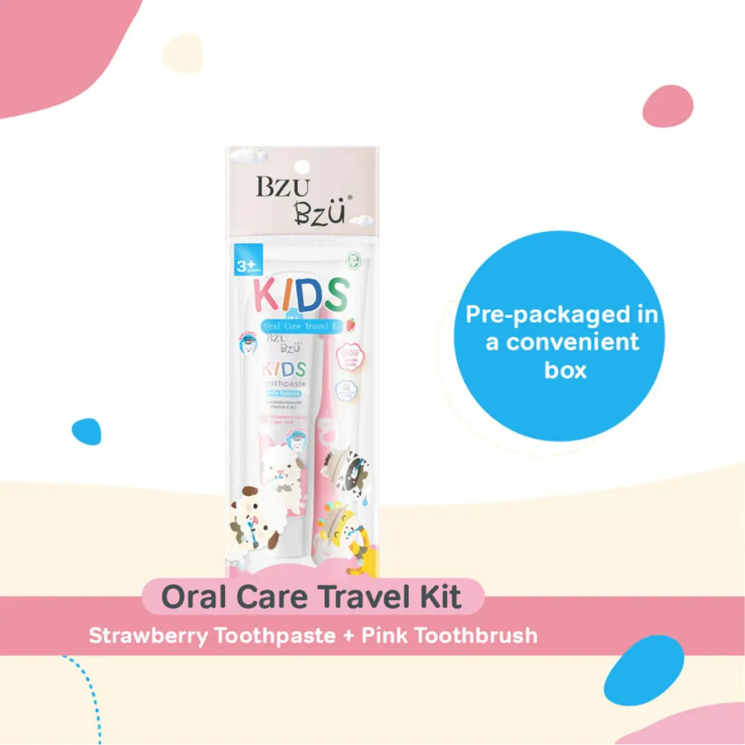 BZU BZU Kids Oral Care Travel Kit 3  Years (Strawberry Toothpaste   Pink Toothbrush)