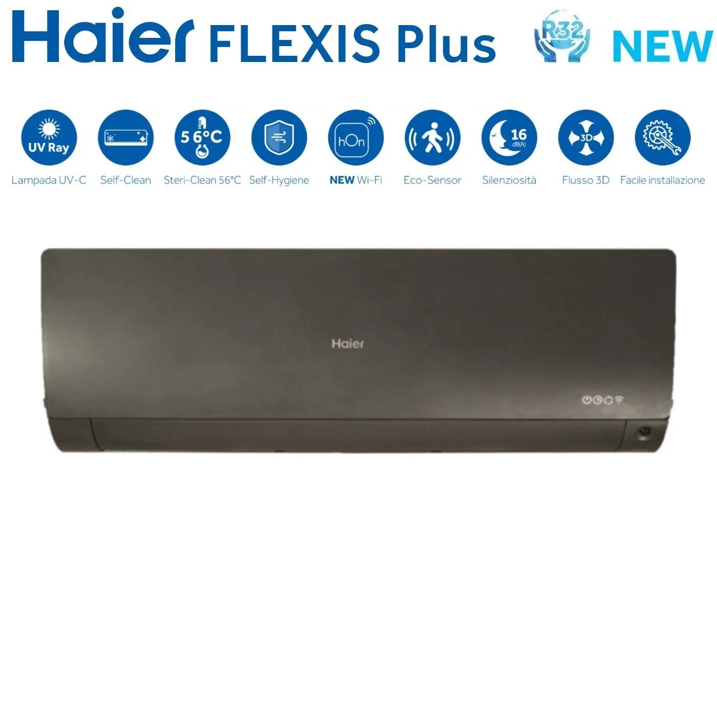 Climatizzatore Condizionatore Haier Quadri Split Inverter serie FLEXIS PLUS BLACK 7 7 15 18 con 4U85S2SR3FA R-32 Wi-Fi Integrato Colore Nero 7000 7000 15000 18000