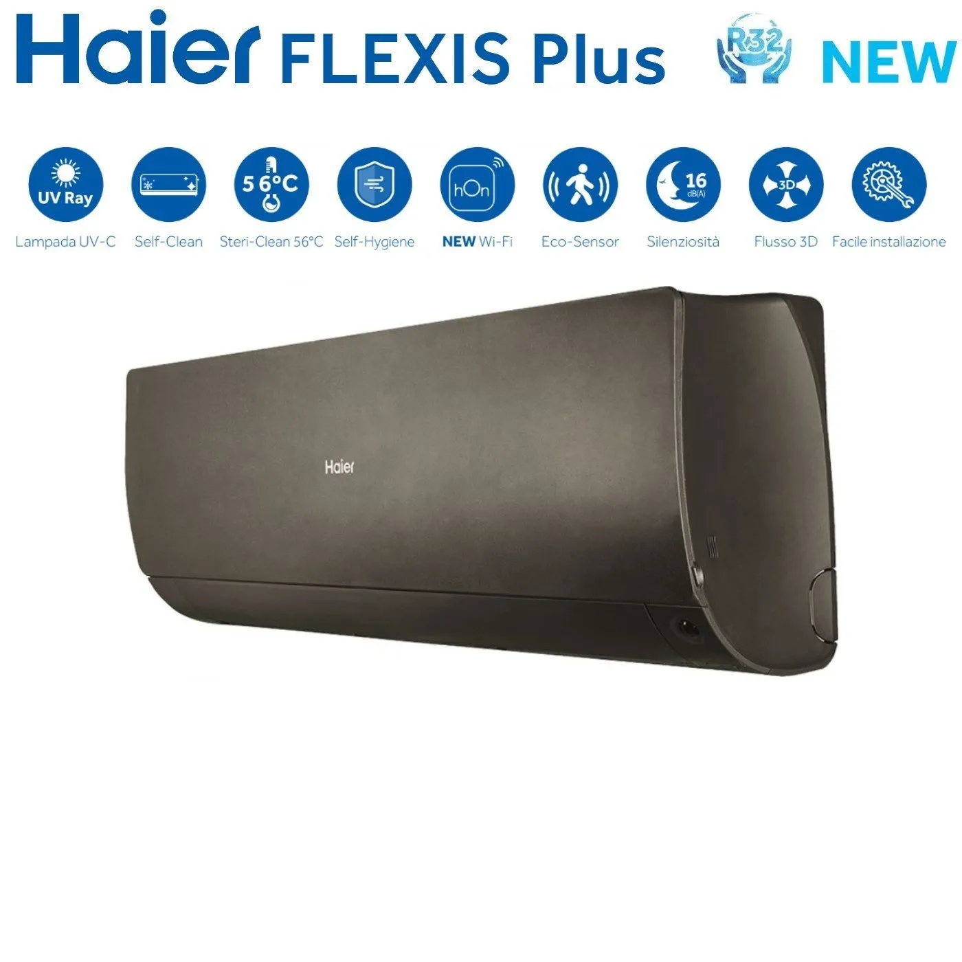 Climatizzatore Condizionatore Haier Quadri Split Inverter serie FLEXIS PLUS BLACK 7 7 15 18 con 4U85S2SR3FA R-32 Wi-Fi Integrato Colore Nero 7000 7000 15000 18000