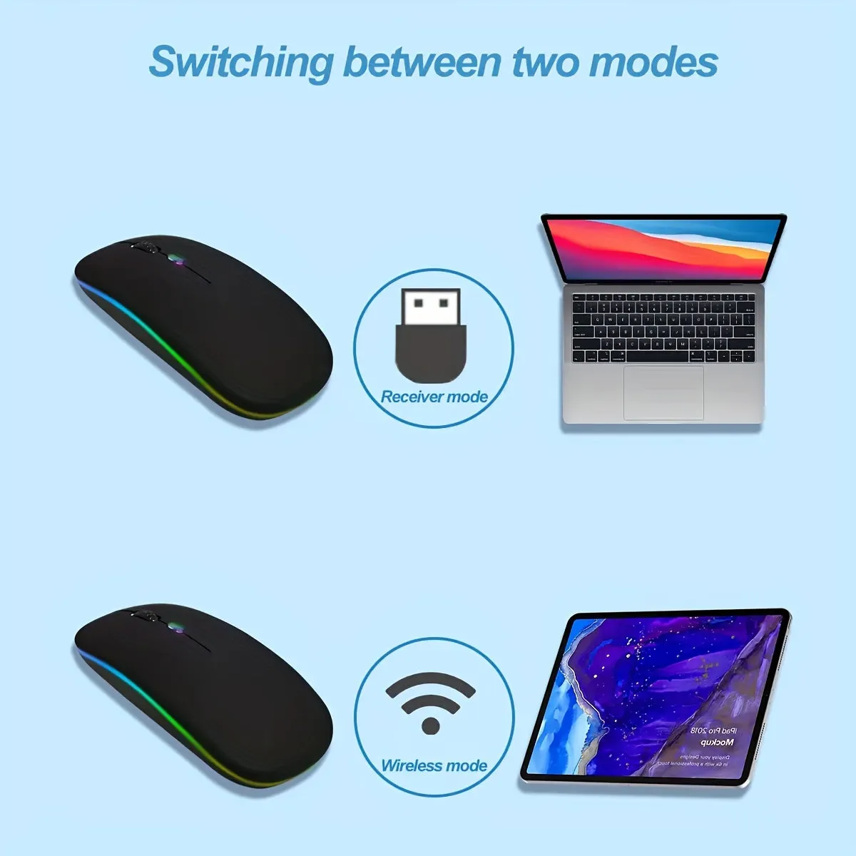 Dual-mode Wireless Mouse Mute Office Colorful RGB Backlight Battery Model Wireless Mouse.