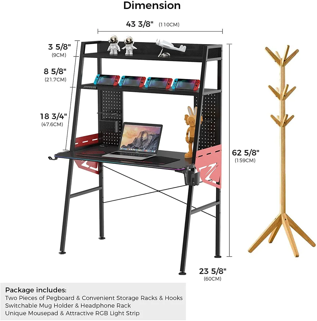 Eureka Ergonomic 43 Inch LED Gaming Desk with 2-Tier Shelves and Pegboard, ERK-MGD-02