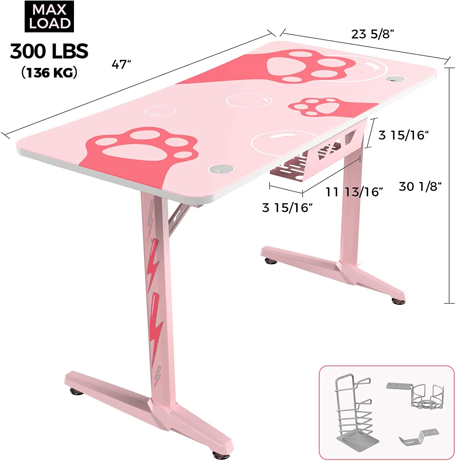 Eureka Ergonomic GIP-P47-PK Pink Gaming Desk 47 inch, Home Office Computer Desk Table with Mouse Pad Cup Holder Headphone Hook