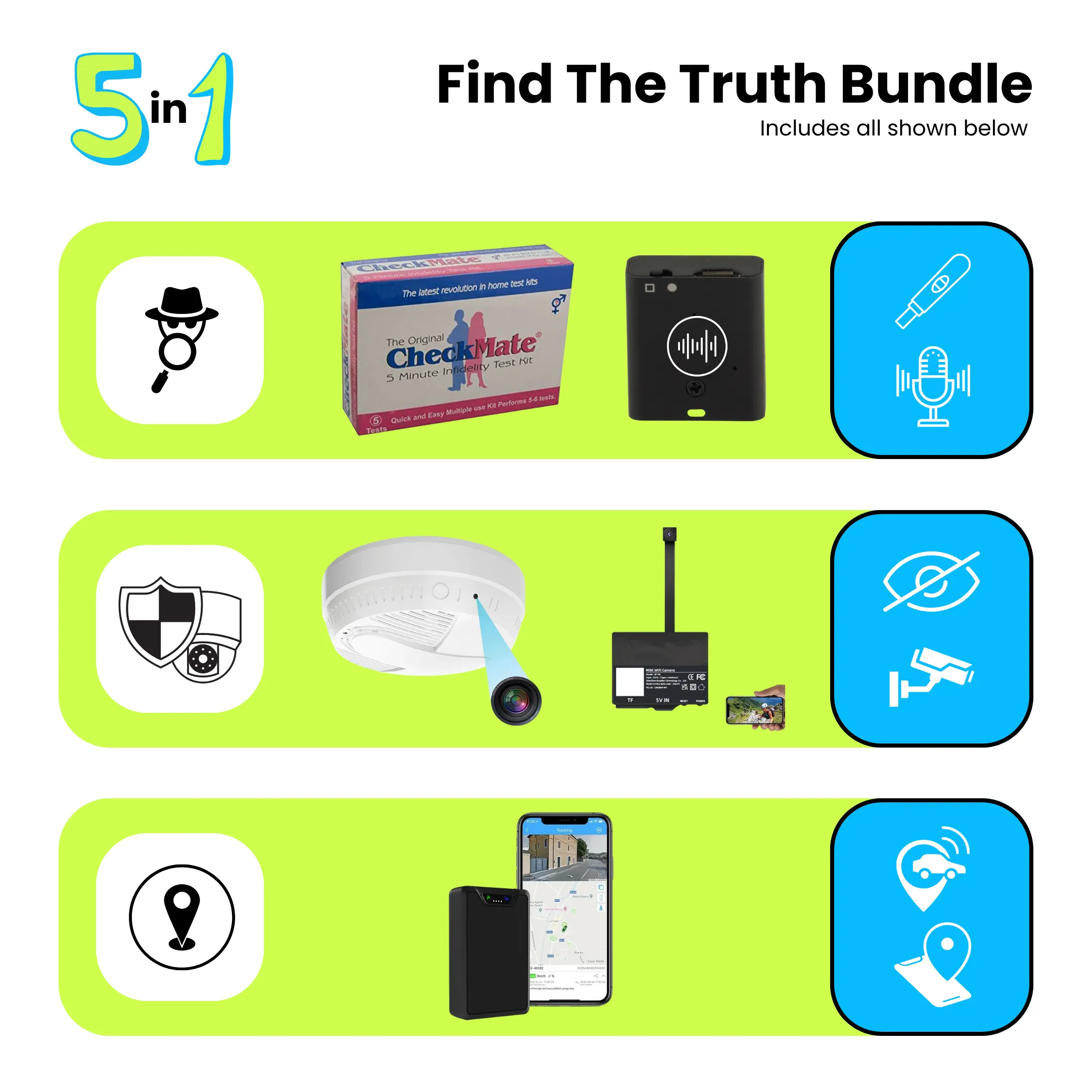 Find The Truth Complete Bundle - Detect Partner Cheating (Cameras, Tracker, Test Kit)