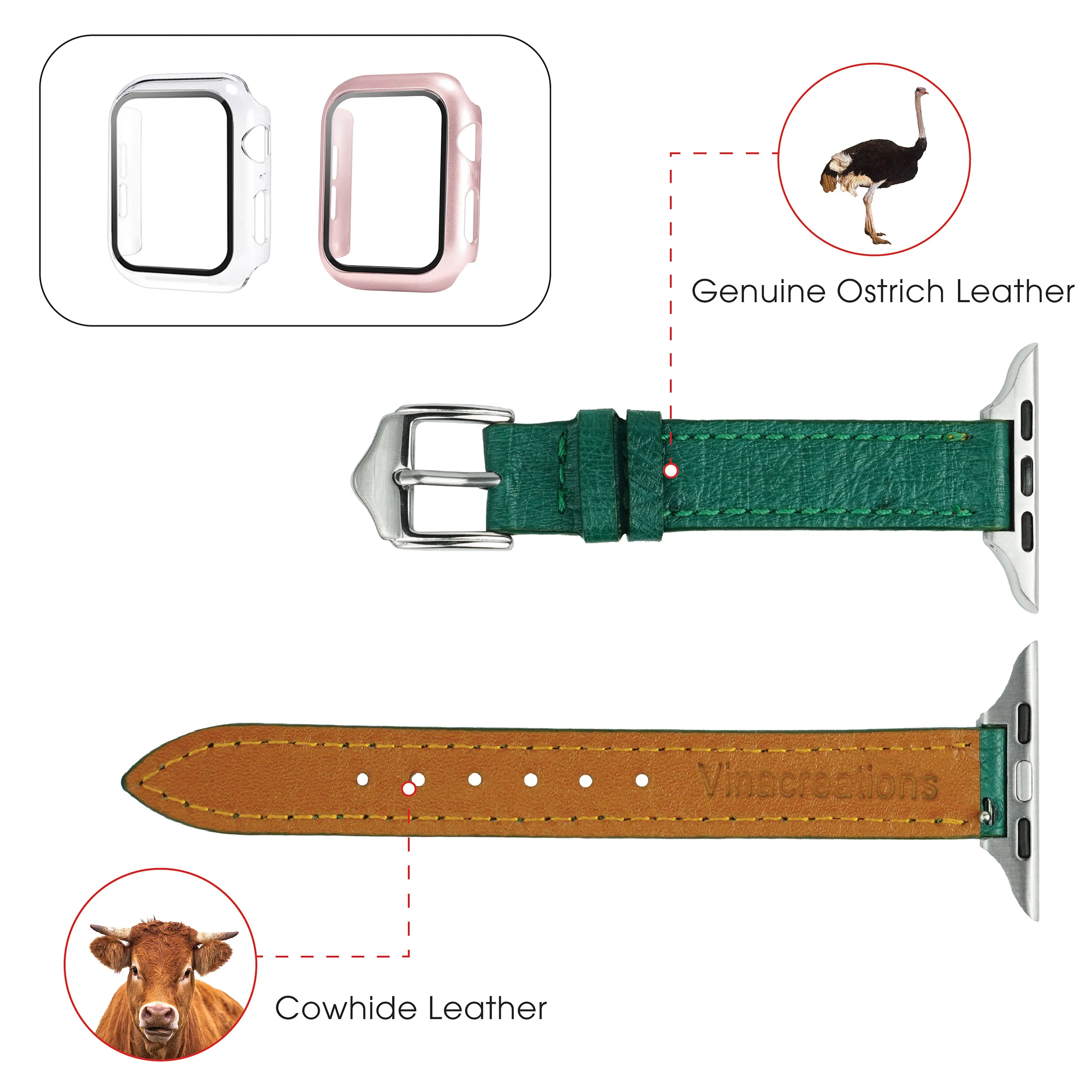 Green Flat Ostrich Leather Band Compatible Apple Watch Iwatch 41mm Screen Protector Case Silver Adapter Replacement Strap For Smartwatch Series 7 8 Leather Handmade AW-188S-W-41MM