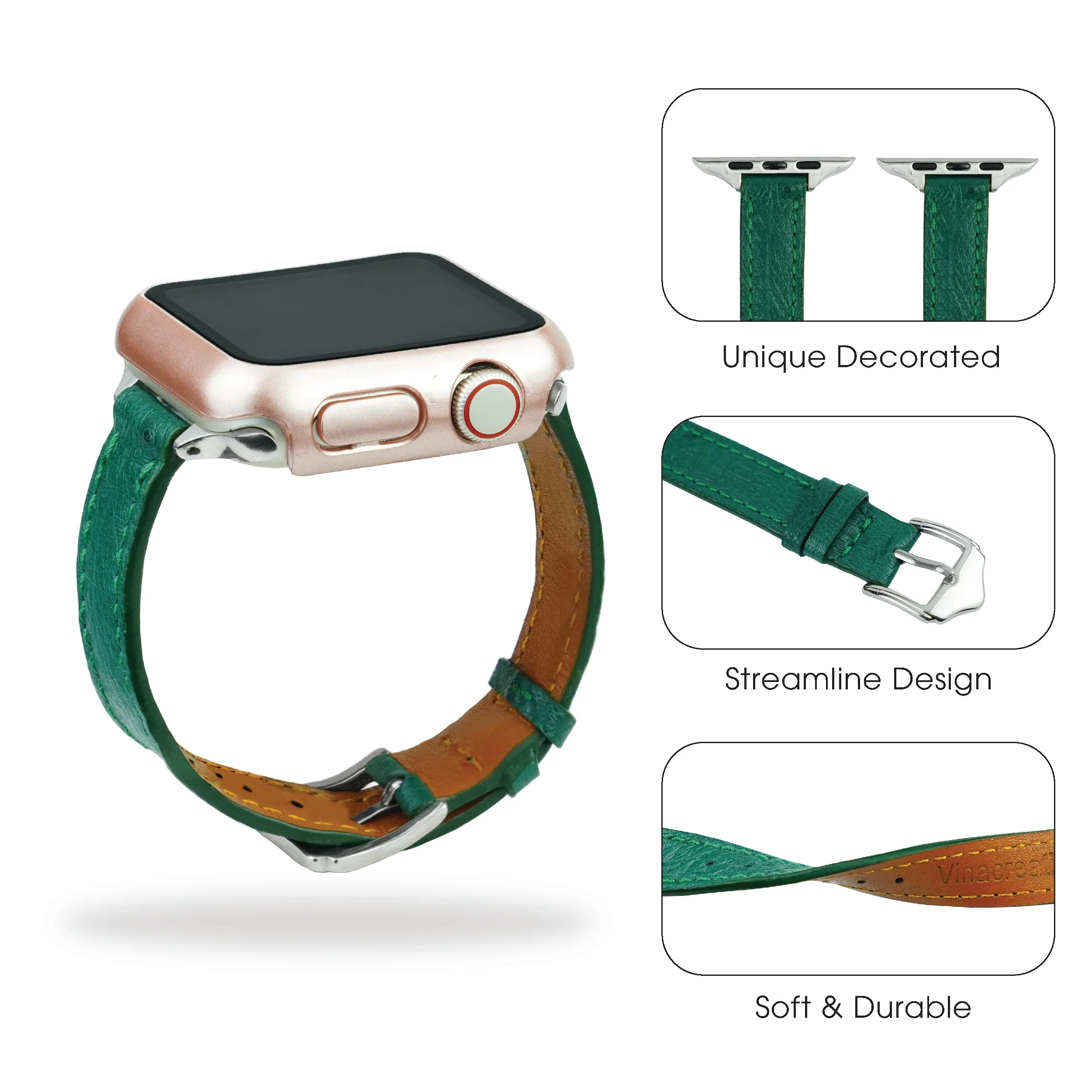 Green Flat Ostrich Leather Band Compatible Apple Watch Iwatch 41mm Screen Protector Case Silver Adapter Replacement Strap For Smartwatch Series 7 8 Leather Handmade AW-188S-W-41MM