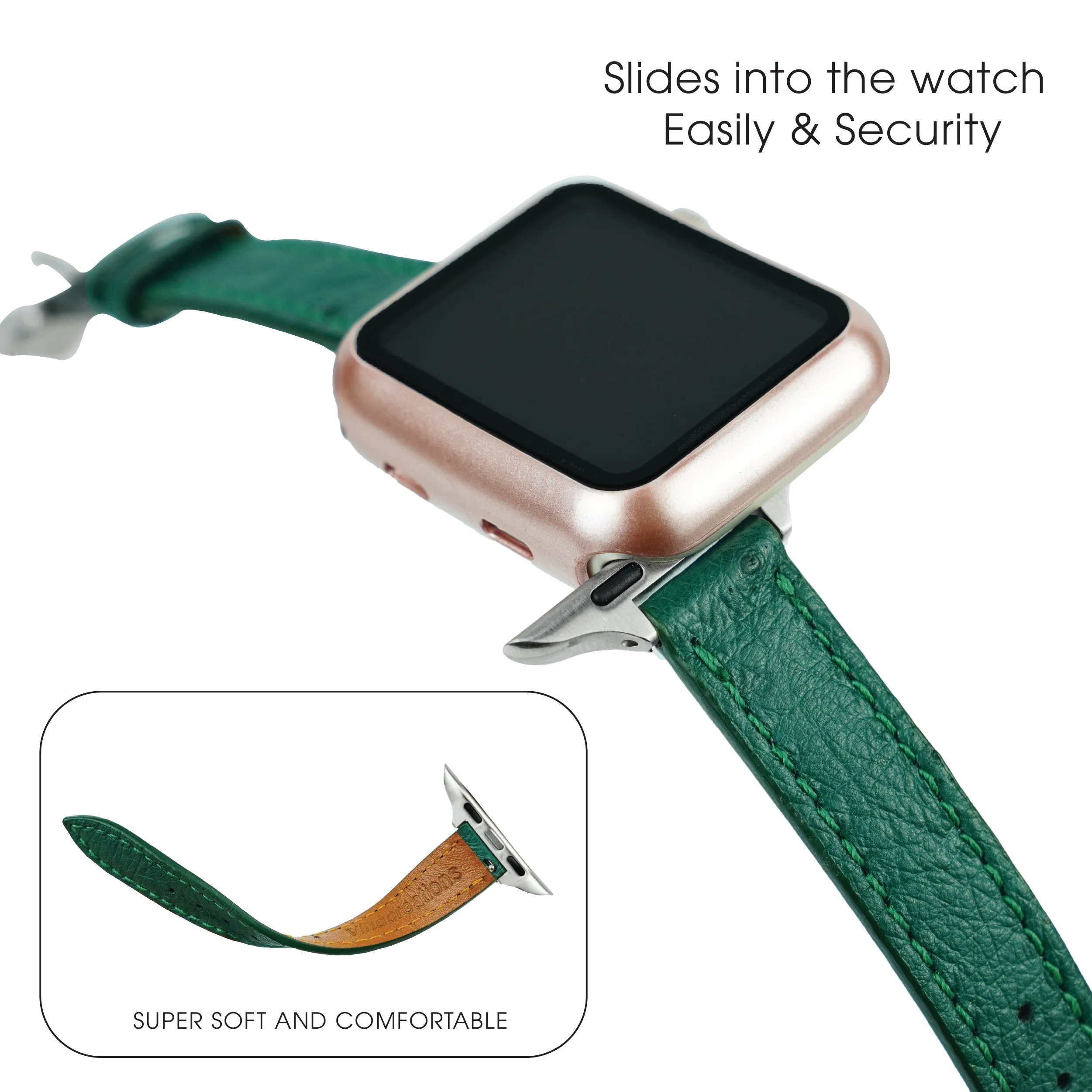 Green Flat Ostrich Leather Band Compatible Apple Watch Iwatch 41mm Screen Protector Case Silver Adapter Replacement Strap For Smartwatch Series 7 8 Leather Handmade AW-188S-W-41MM