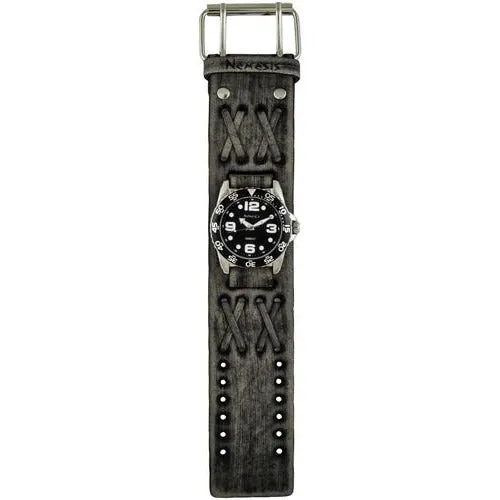 Groovy Black Watch with Double X Distressed Charcoal Leather Wide Cuff VDXB097K