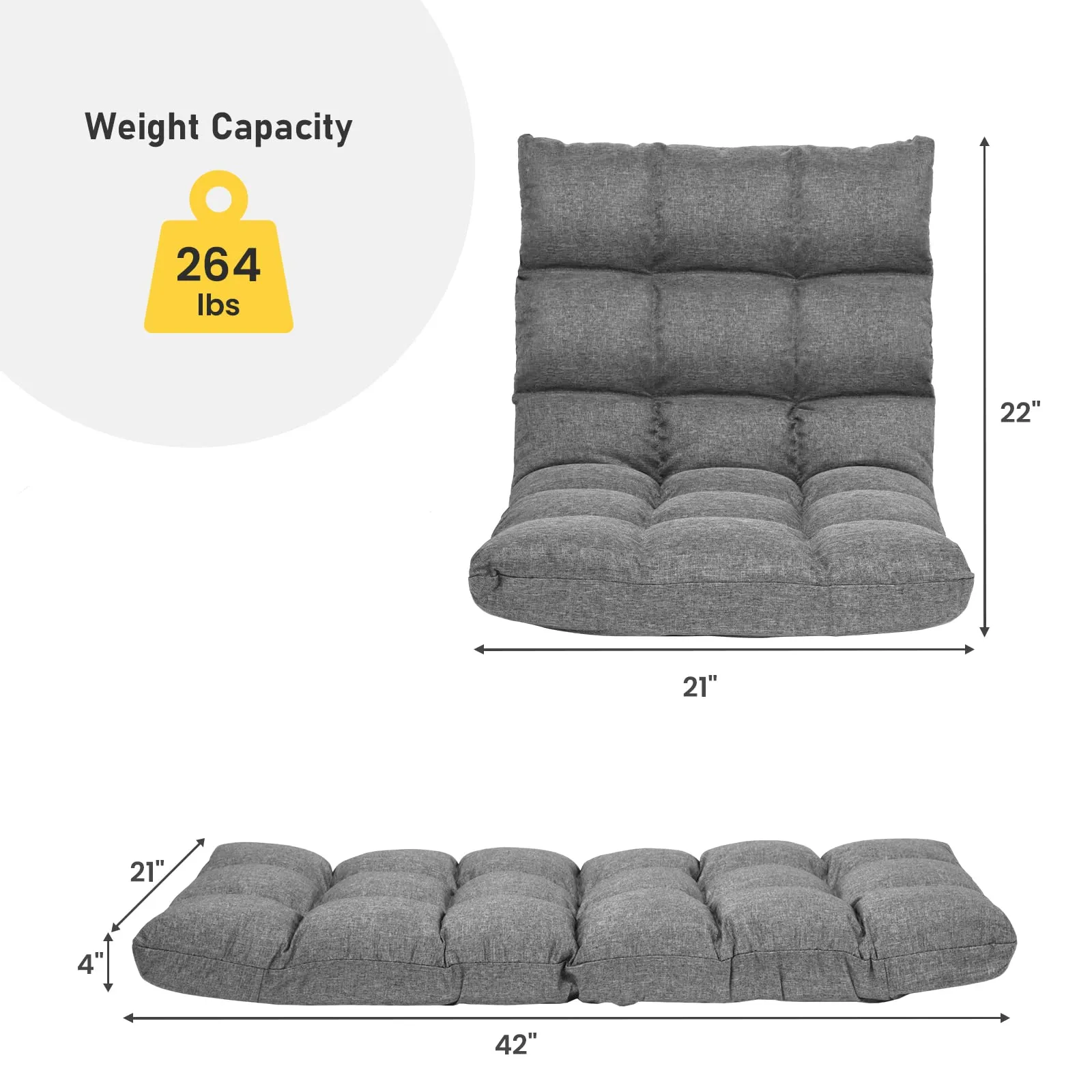 KOMFOTT Folding Gaming Floor Chair，Adjustable 14-Position Floor Sofa with Back Support