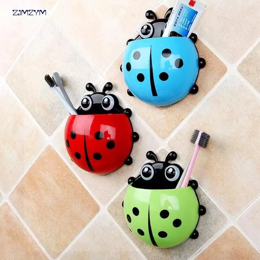 Ladybug Toothbrush & Toothpaste Holder, Wall-Mounted Toothbrush Storage, Wall Sucker Bathroom Holder