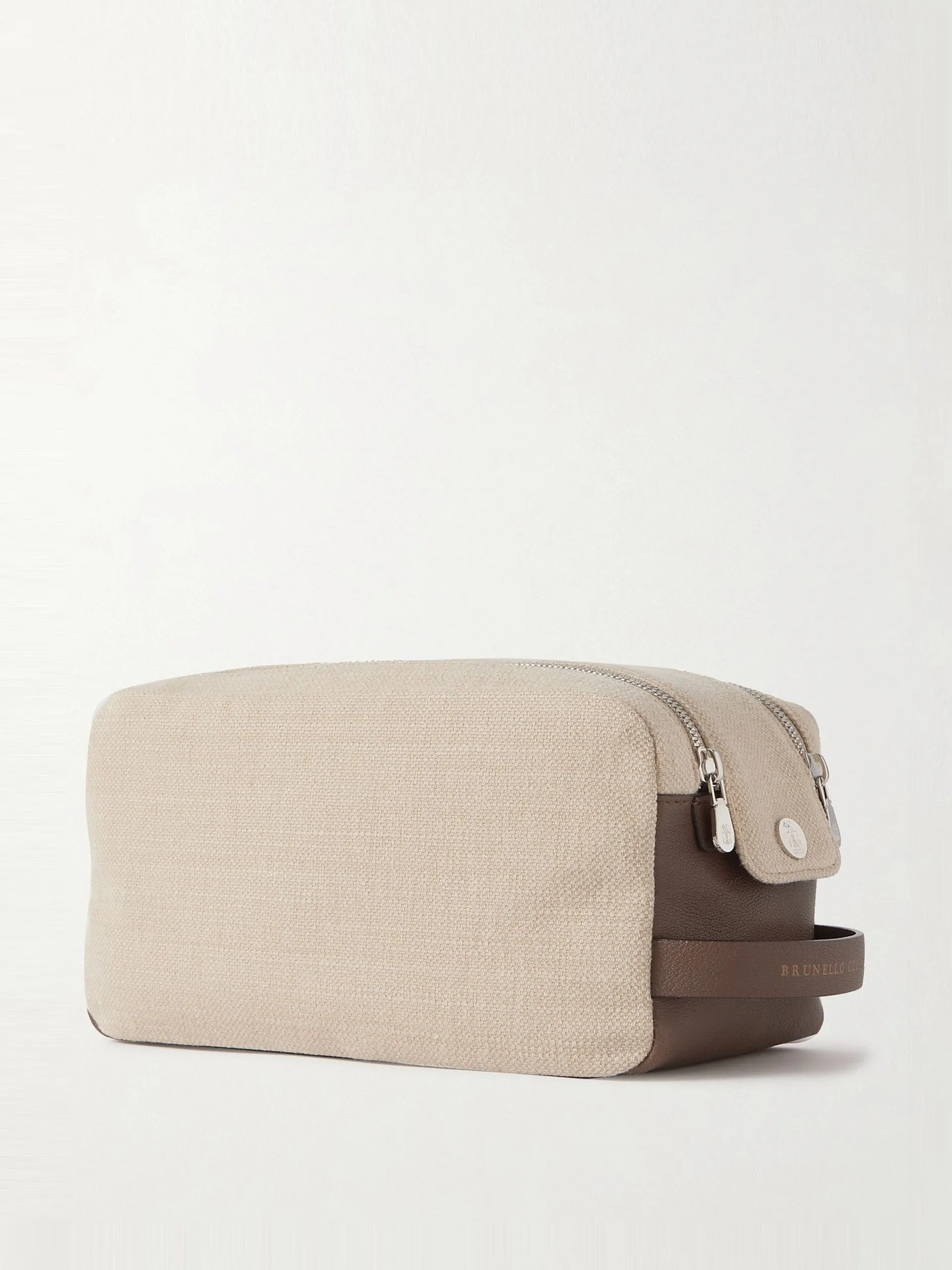 Leather-trimmed cotton and linen-blend wash bag