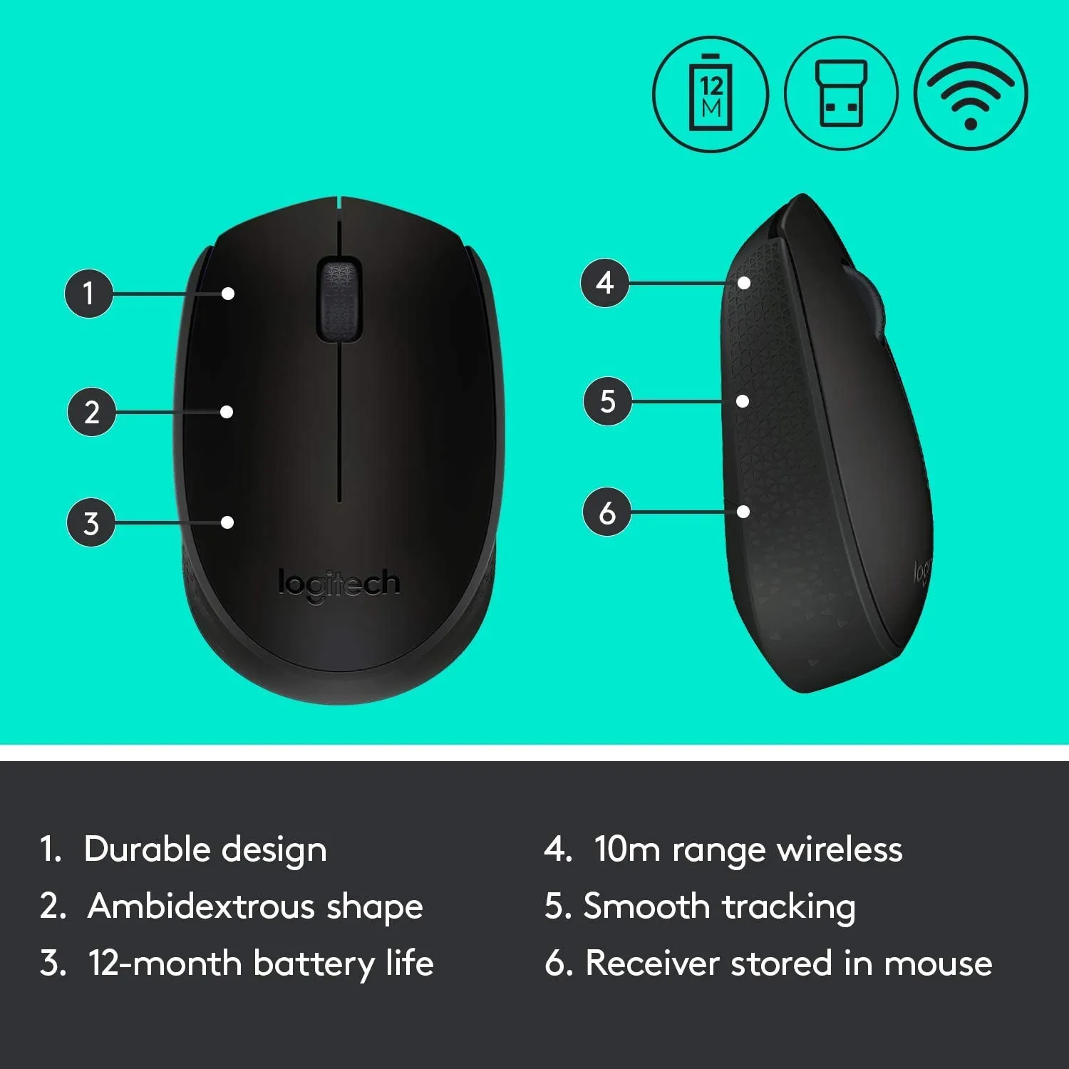 Logitech Mouse M170 Wireless Mouse, 2.4 GHz with USB Mini Receiver, Optical Tracking, 12-Months Battery Life, Ambidextrous PC/Mac/Laptop - Black