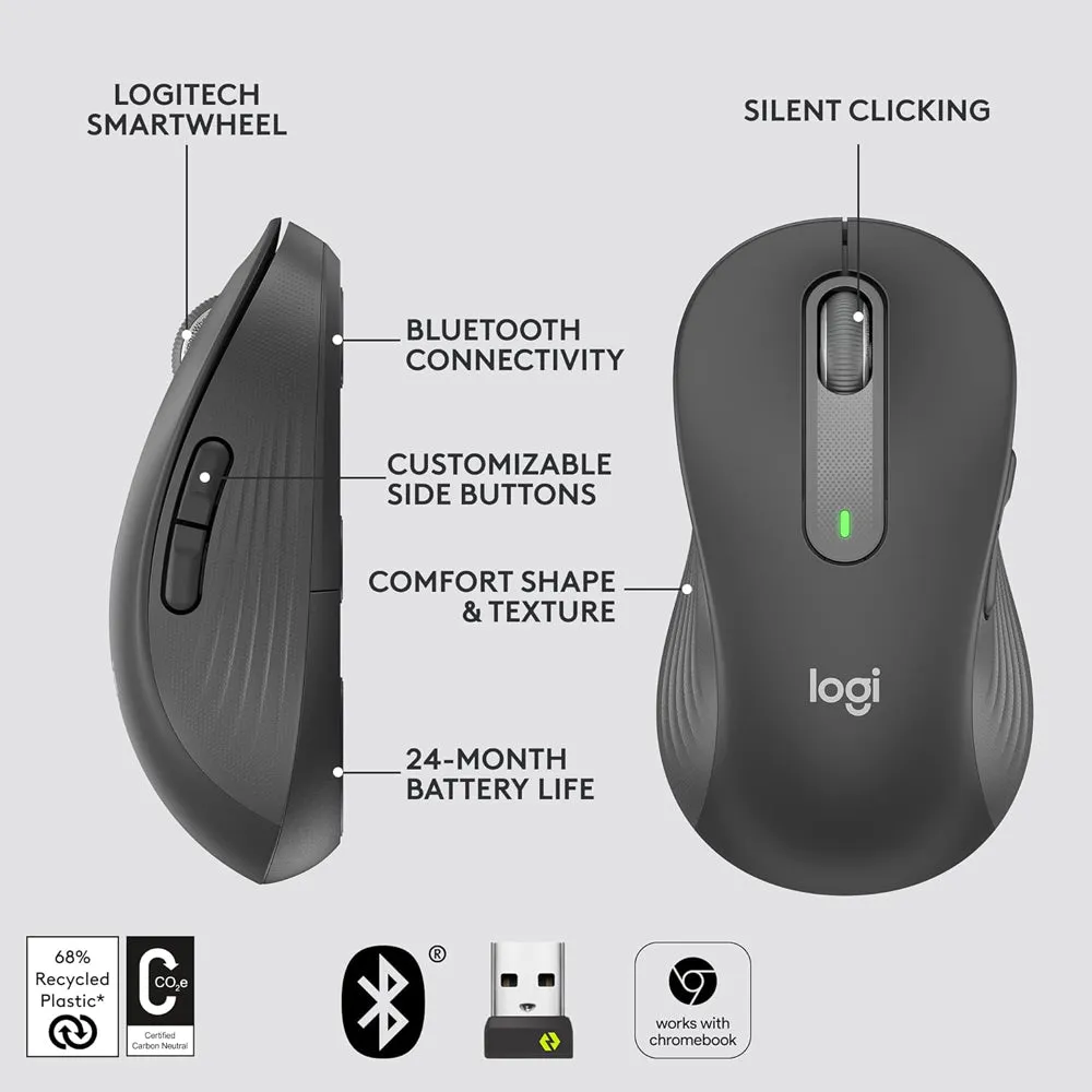 Logitech Signature M650 / M650L Wireless Optical Mouse For Business with Precision Scrolling Smart Wheel, Silent Touch Reduced Clicky Keys, Programmable Side Buttons, and Logi Bolt and Bluetooth Connectivity - Graphite, Off White