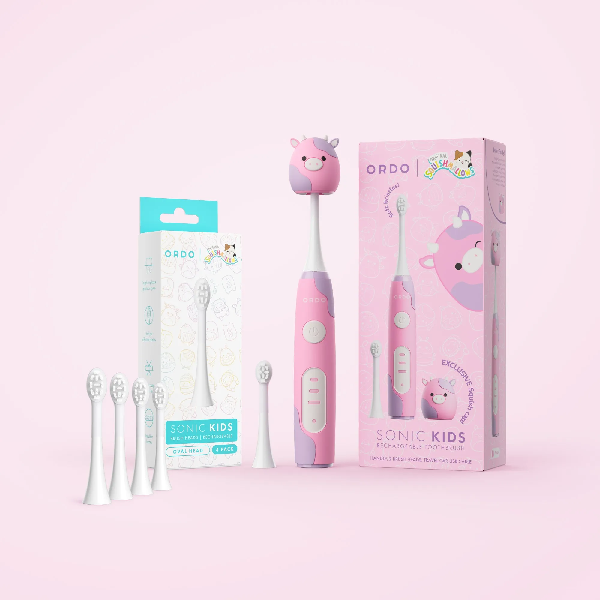 Ordo Sonic Kids Rechargeable Toothbrush & 4x Brush Heads - White - Squishmallows Patty