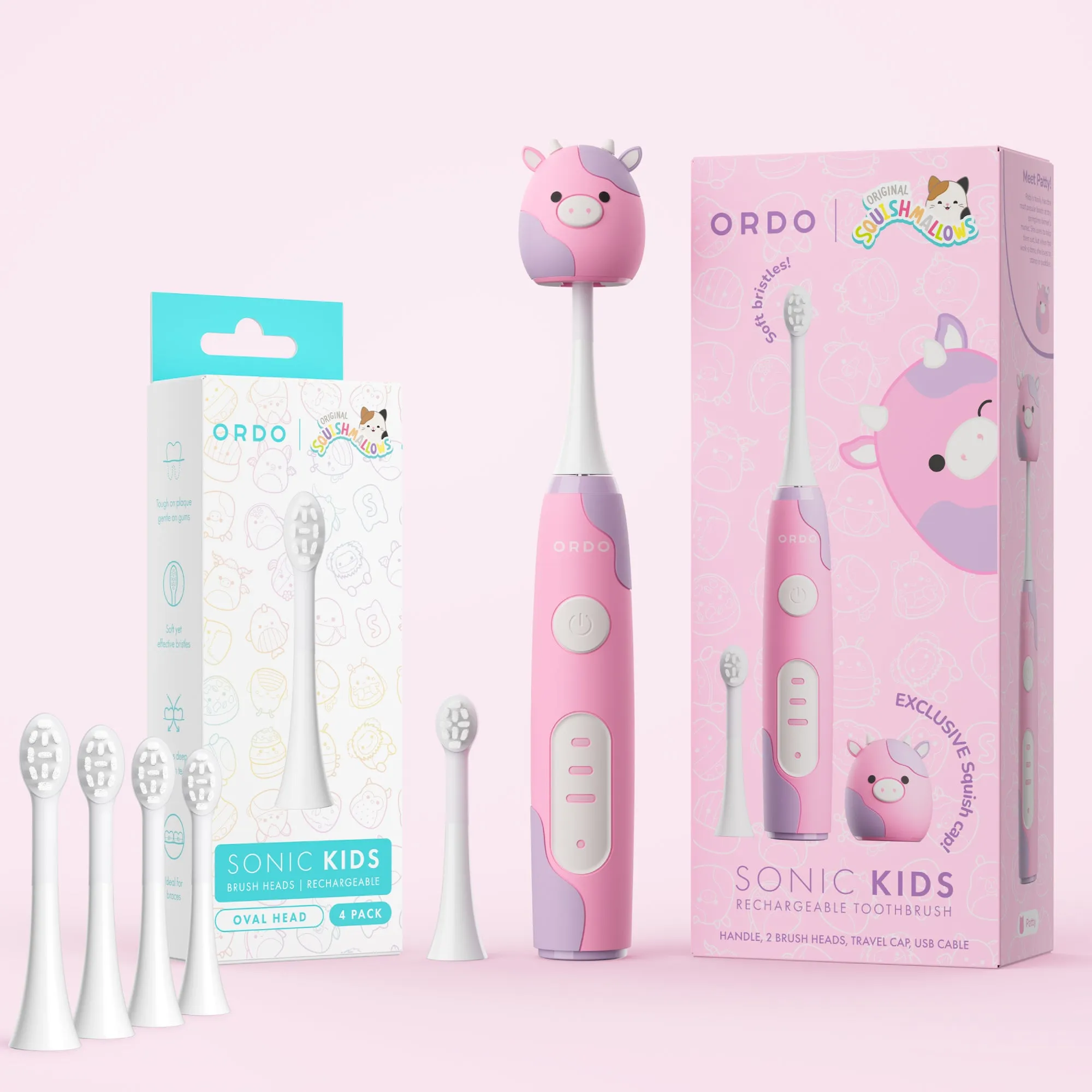 Ordo Sonic Kids Rechargeable Toothbrush & 4x Brush Heads - White - Squishmallows Patty