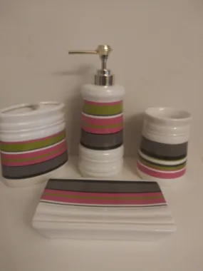 Pea Green, Pink, Dark Gray  Piece Ceramic Bathroom Accessory Set