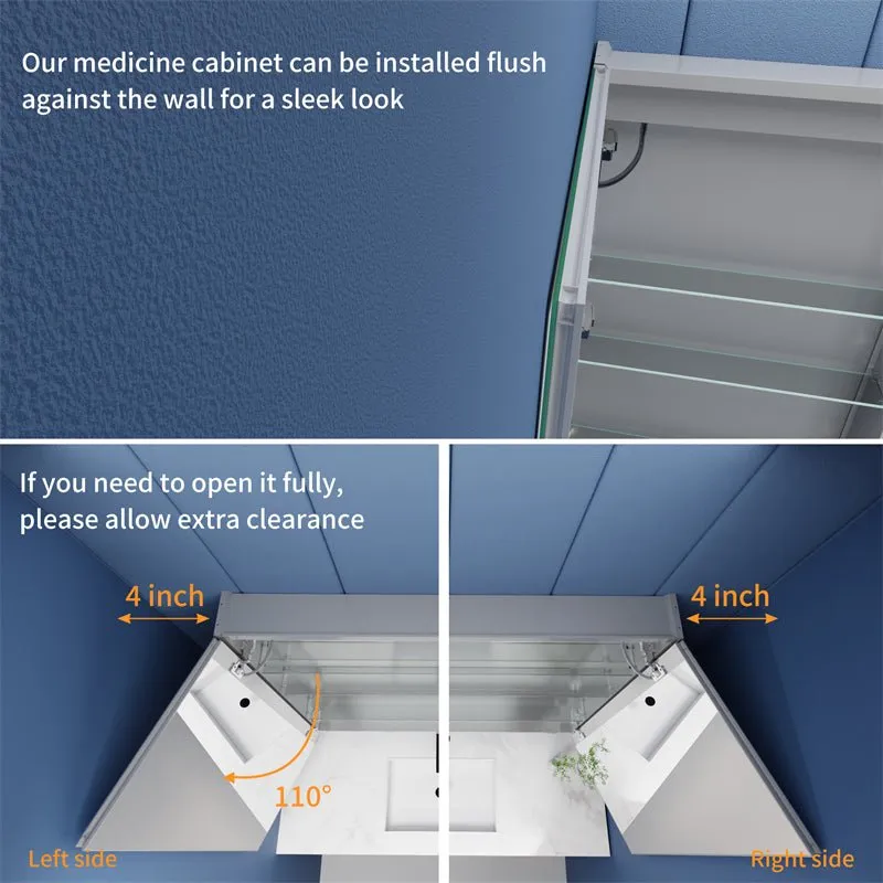 Rim 48" W x 30" H LED Lighted Medicine Cabinet Recessed or Surface with Clock and mirrors