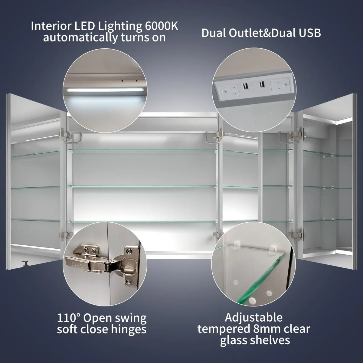 Rim 48" W x 30" H LED Lighted Medicine Cabinet Recessed or Surface with Clock and mirrors