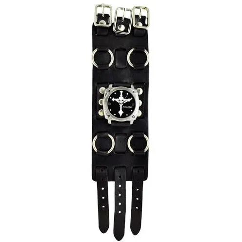 Skull Cross Black Watch with Ring Black Leather Triple Strap Cuff