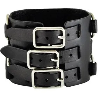 Skull Cross Black Watch with Ring Black Leather Triple Strap Cuff