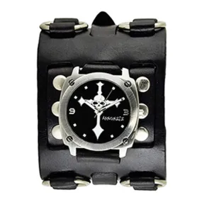 Skull Cross Black Watch with Ring Black Leather Triple Strap Cuff