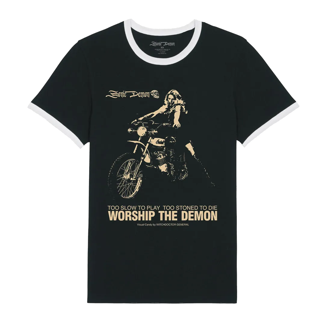 Sonic Demon - Biker Girl Ringer T-Shirt - Black/White