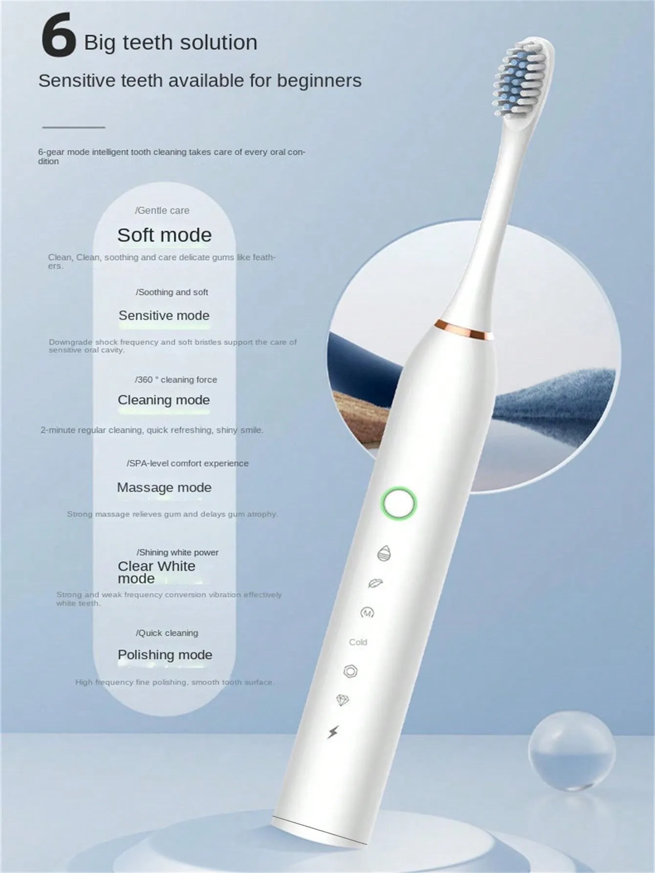 Sonic Electric Toothbrush With Soft Bristles & 4 Replacement Brush Heads