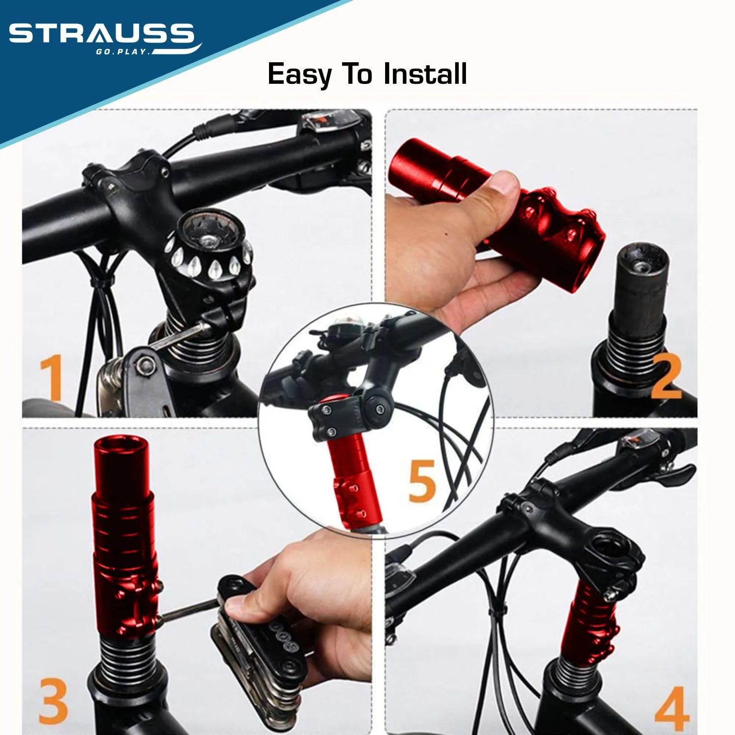 STRAUSS Cycle Handlebar | Cycle Heads Up Stem Riser Adaptor | Cycle Handle Extension | Cycle Accessories | Adjustable Cycle Handle Bar Stem Raiser | Enhanced Control and Stability, (Red)