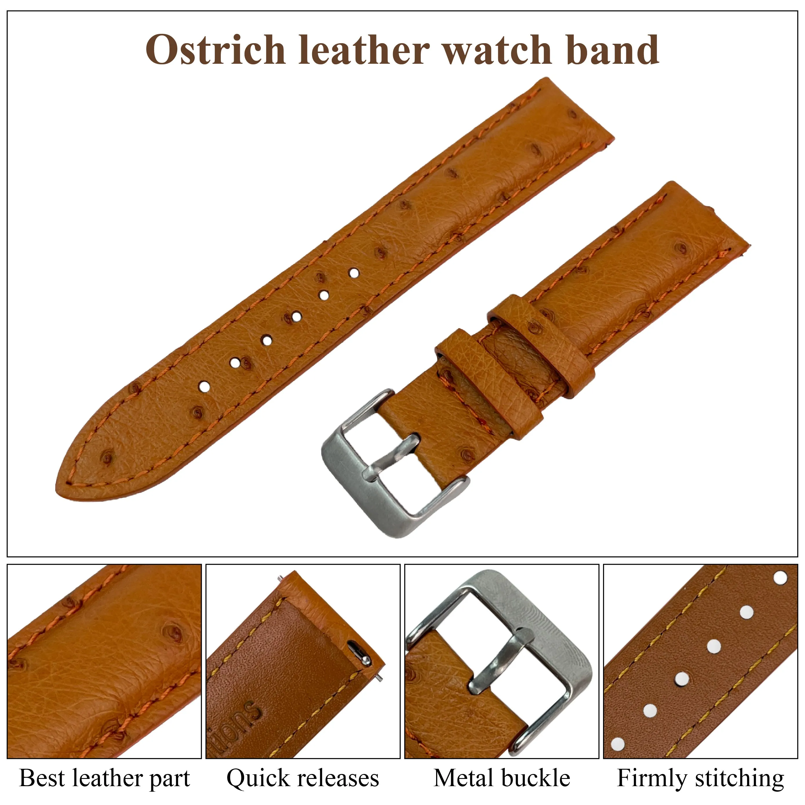 Tan Ostrich Leather Watch Strap Quick Release Replacement Wrist Watch Band