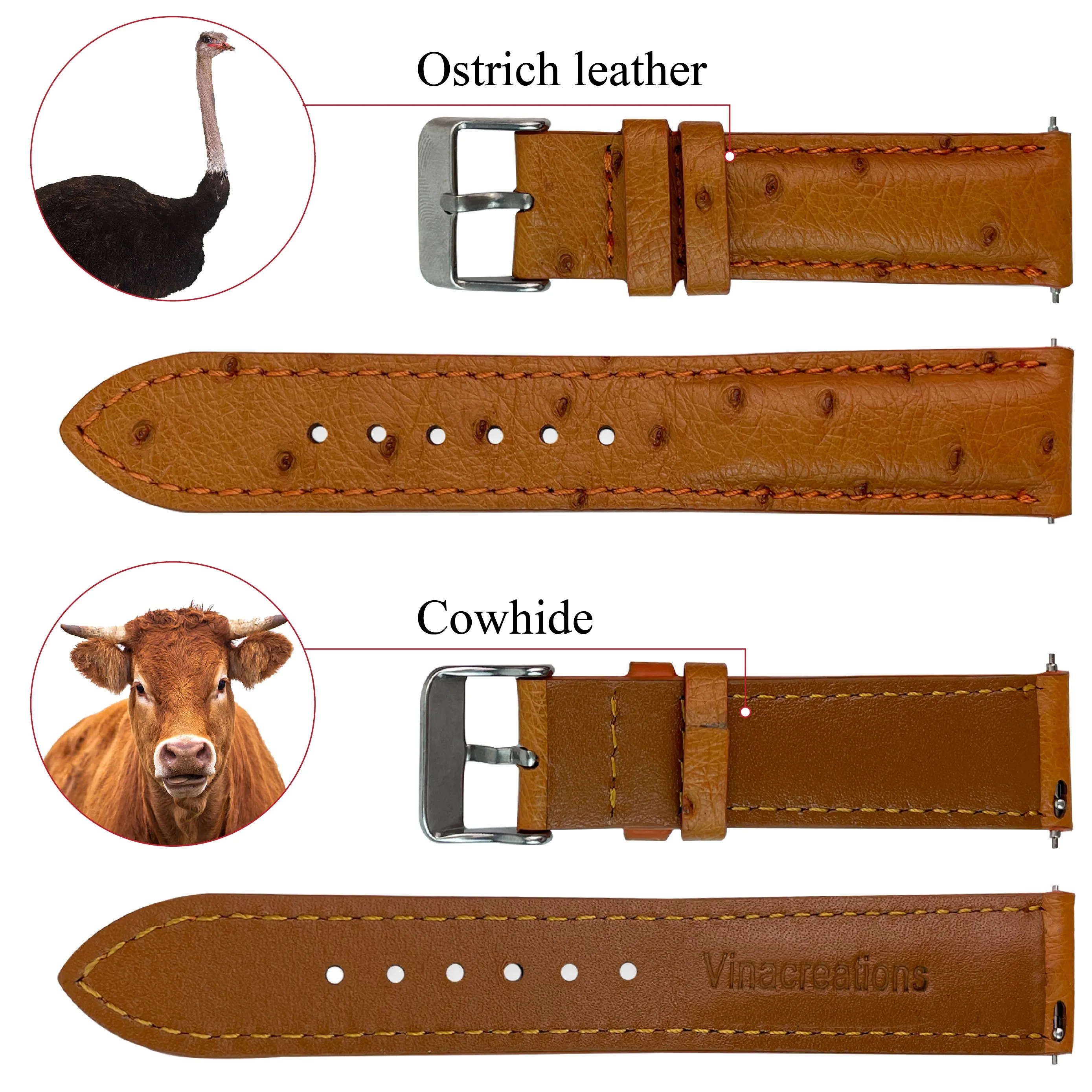 Tan Ostrich Leather Watch Strap Quick Release Replacement Wrist Watch Band