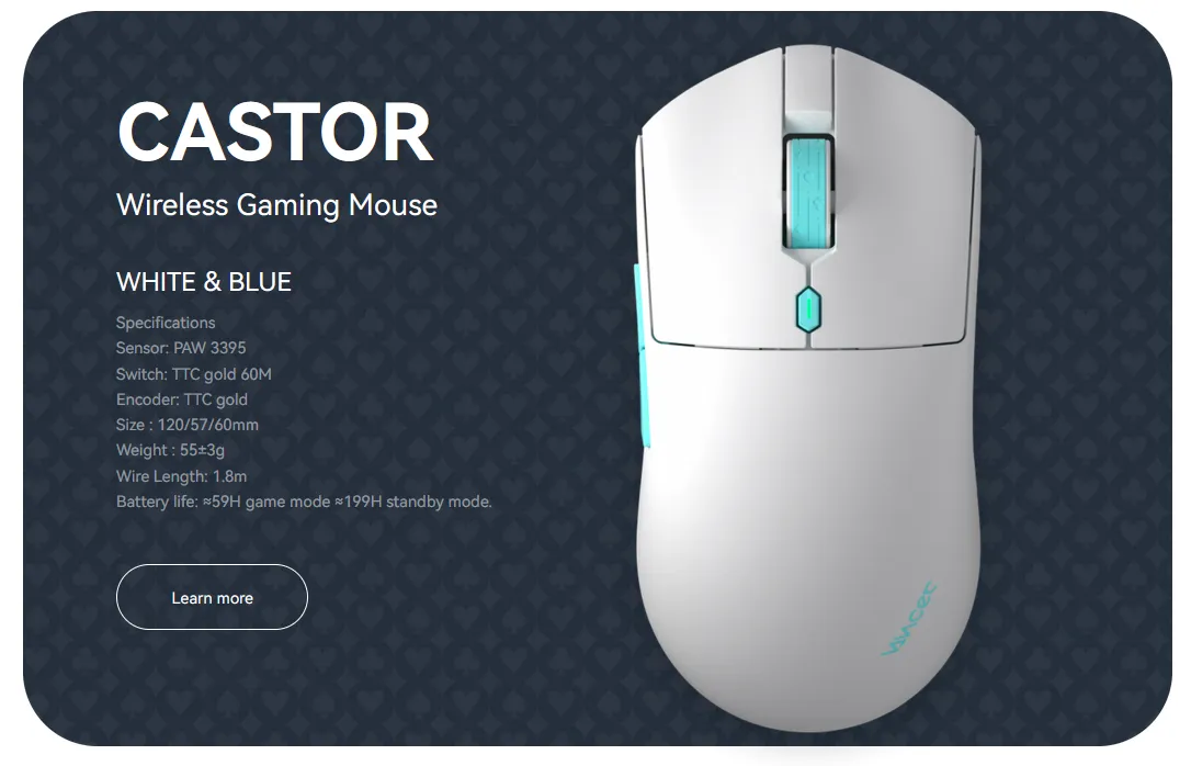 Vancer Castor Pro Wireless Gaming Mouse - White and Blue